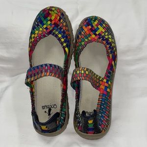 Corky’s Liz Rainbow Weave Slip On Shoes Rainbow Colors. Metallic Details. Size 9